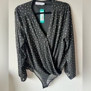 NWT all in favor black and gold polka dot style body suit